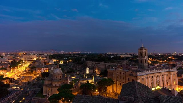 sunset twilight rome famous altare della patria rooftop roman forum panorama 4k time lapse italy
