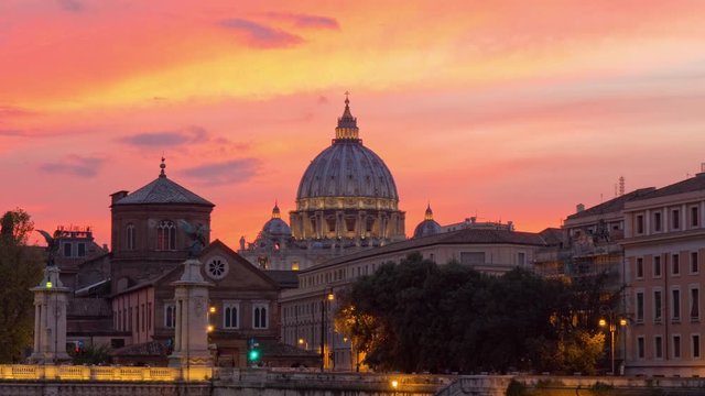 rome city famous sunset sky vatican basilica rooftop river bridge panorama 4k time lapse italy
