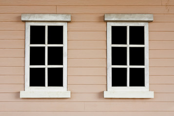 Fototapeta na wymiar dual or two old wood white window with black screen on the wall
