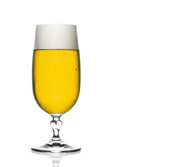 front view frosty lager light beer in wineglass with white bubbl