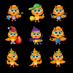 Vector set of cute owls. Cartoon characters  different professions.