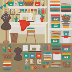 Workplace seamstress: tailoring, sewing machine.