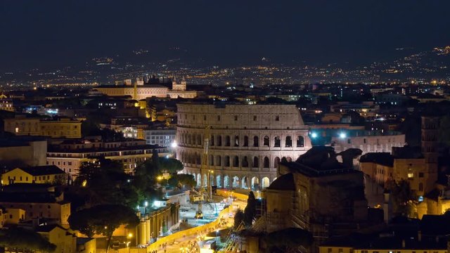 night altare della patria rooftop view point colosseum traffic panorama 4k time lapse italy
