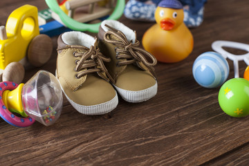 Fototapeta premium Children's World toy on a wooden background.