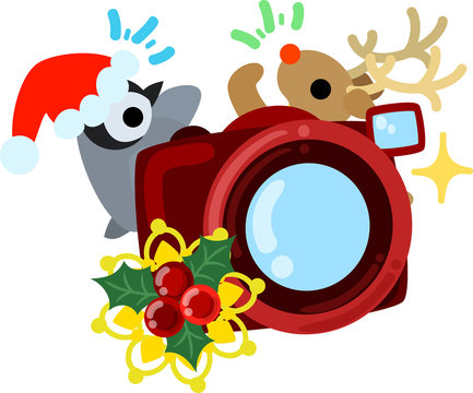 The cute illustration of Christmas -A penguin and a reindeer and a camera-