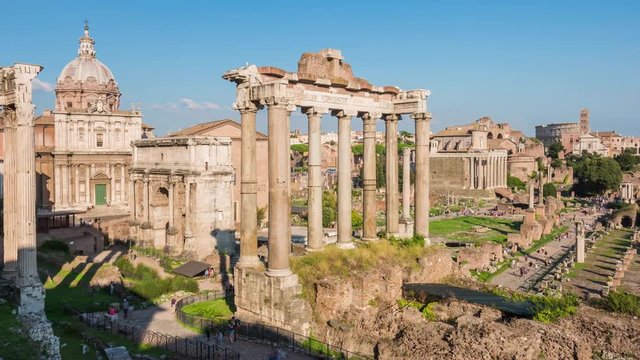 famous sunset sun light rome city roman forum temple of saturn panorama 4k time lapse italy 
