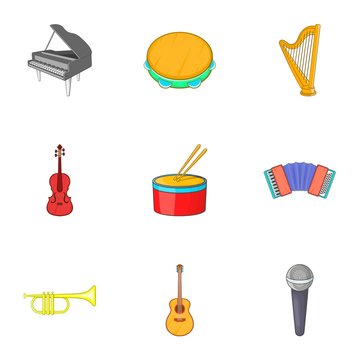 Musical tools icons set. Cartoon illustration of 9 musical tools vector icons for web