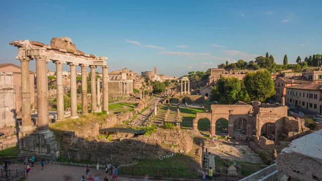 rome city sunny day roman forum temple of saturn panorama 4k time lapse italy 
