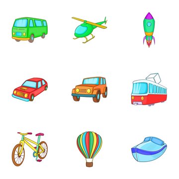 Types of transport icons set. Cartoon illustration of 9 types of transport vector icons for web