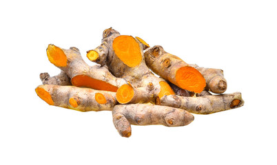 fresh turmeric roots on white background