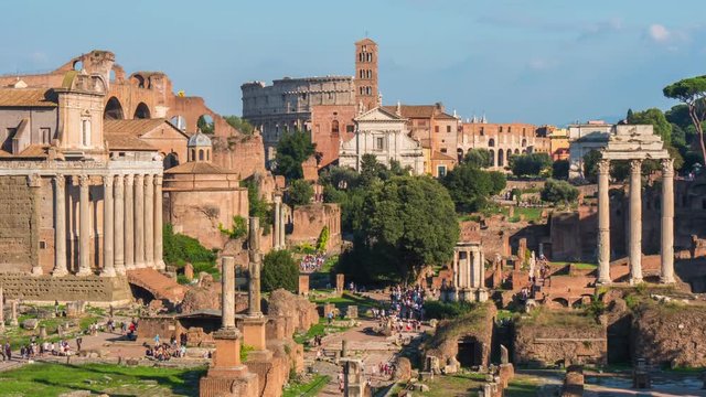 sunny day rome city roman forum temple of saturn colosseum panorama 4k time lapse italy 
