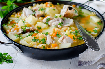 Pea soup with smoked mackerel
