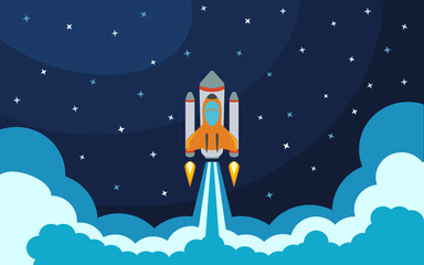 Space rocket launch. Vector illustration with flying rocket. Space travel. Project development. Creative idea.
