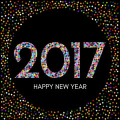 Happy New Year 2017 label with colorful confetti on black background. New Year and Xmas Design Element Template. Vector Illustration.
