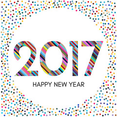 Happy New Year 2017 label with colorful confetti. New Year and Xmas Design Element Template. Vector Illustration.

