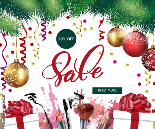 Christmas Sale Concept Banner With Tree Branches Balloons Confetti Christmas Sale Concept Banner With Tree Branches Balloons Confetti
