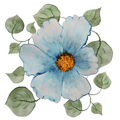 Blue flower with leaves on a white background, watercolor
