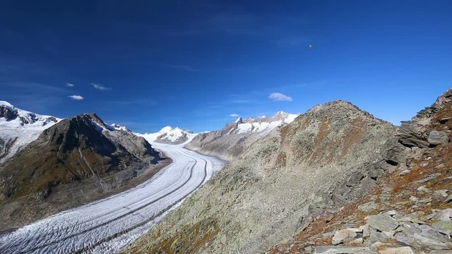 Majestic view to Aletsch glacier, the largest gracier in Alps and UNESCO herritage from Bettmeralp, Valais, Switzerland, Europe

