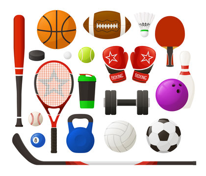 Vector illustration. Set of sport equipment in simple design. Collection of sport inventory. Kit of sports stock. Realistic flat design