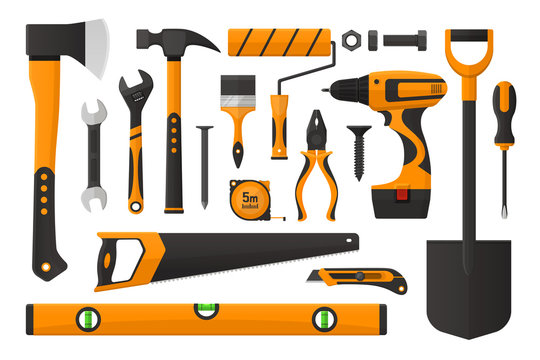 Vector illustration. Set of work tools in simple design. Set of working instrument. Set of toolbox. Realistic flat design