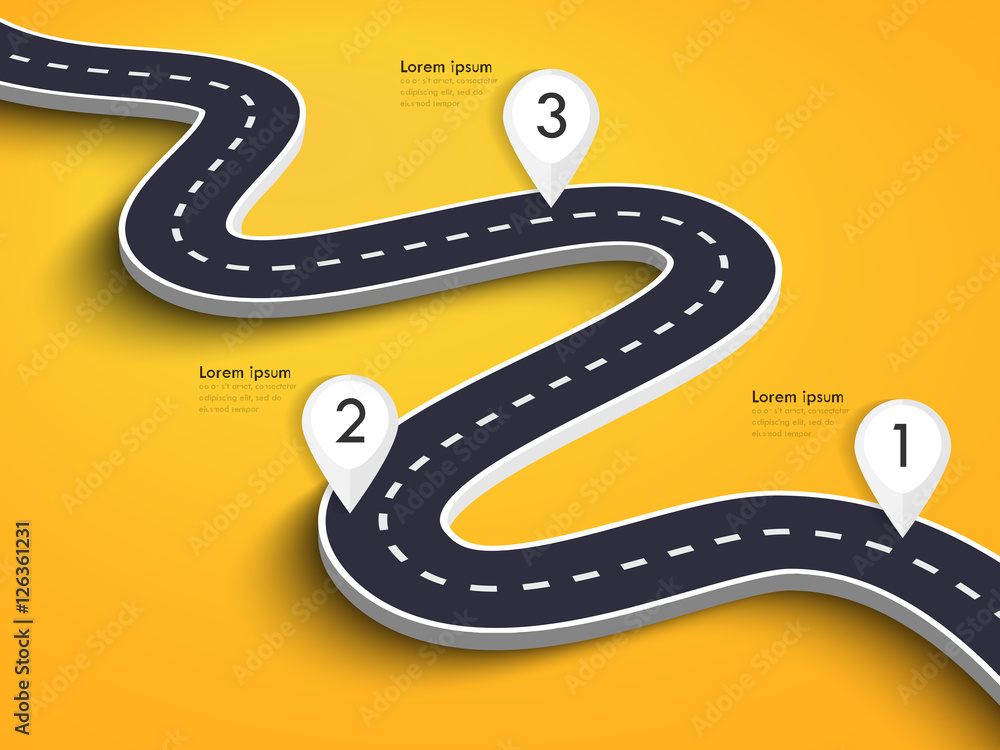 Poster winding road on a colorful background. road way location infographic template with pin pointer. vect
