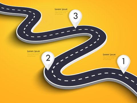 Winding Road on a Colorful Background. Road way location infographic template with pin pointer. Vector EPS 10