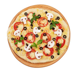 Wooden board with pizza isolated on white.