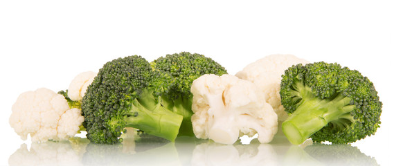 Broccoli and cauliflower close up isolated on white.