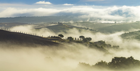 the famous Tuscan landscape at sunrise