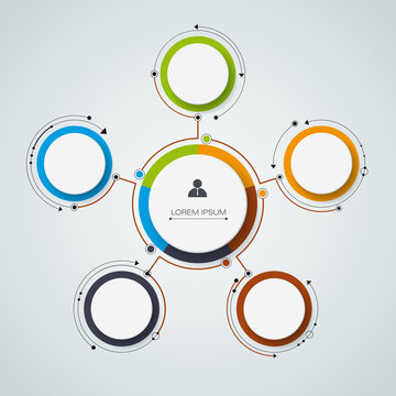 Vector molecule with 3D paper label, integrated circles background. Blank space for content, business, infographic, diagram, digital network, flowchart. Social network connection technology concept