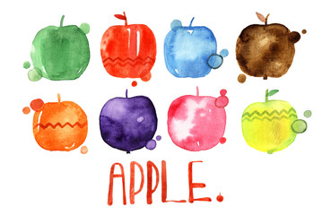 Set of watercolor drawing apples,food design elements, fresh fruits, hand drawn illustration