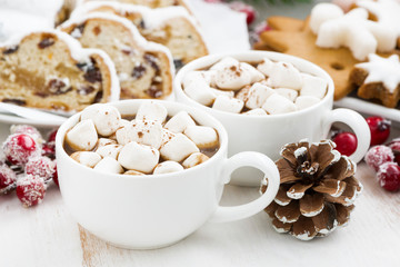 hot chocolate with marshmallows and Christmas baking, closeup