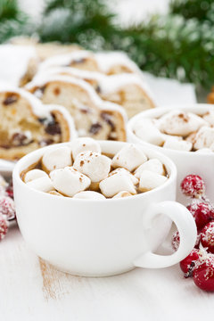 hot chocolate with marshmallows and Christmas baking, vertical
