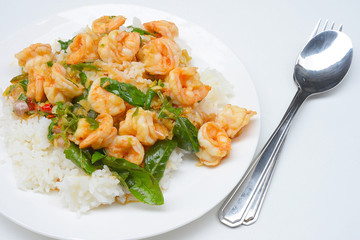 stir fried shrimp with basil on rice - popular thai food
