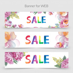 Fototapeta na wymiar Wildflower promo sale banner template for web in a watercolor style isolated.