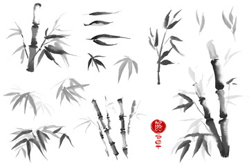 Naklejka premium Bamboo leaves set. Watercolor and ink illustration in style sumi-e. Oriental traditional painting.
