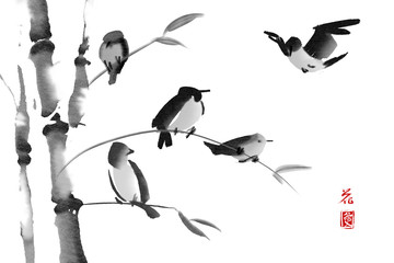 Fototapety  Ptaki siedzą na gałęzi drzewa bambusa. Ilustracja akwarela i tusz w stylu sumi-e. Orientalne malarstwo tradycyjne. Przedstawione hieroglify oznaczają miłość i kwiat.
