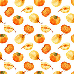 Watercolor persimmon, pear hand drawn illustration isolated on white background, seamless pattern exotic food, organic tropical fruit, decorative texture for design restaurant menu, harvest festival