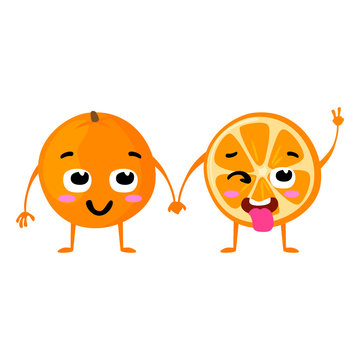 Orange. Cute fruit vector character couple isolated on white background. Funny emoticons faces. Vector illustration. Vector clip art.