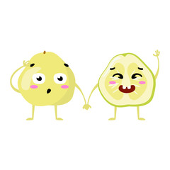 pomelo. Cute fruit vector character couple isolated on white background. Funny emoticons faces. Vector illustration. Vector clip art.