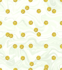 Trendy gold glitter polka dot vector seamless pattern tile. Great texture with golden middle-size dots on tony light marble background.
