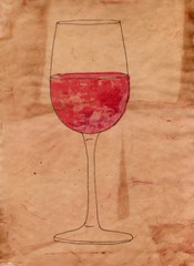 Ink and watercolor glass of red wine on old paper
