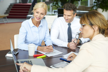 Obraz premium Business team working on new project. Shot of an executive businesswoman sitting in front of computer and presenting the new business ideas to her team.