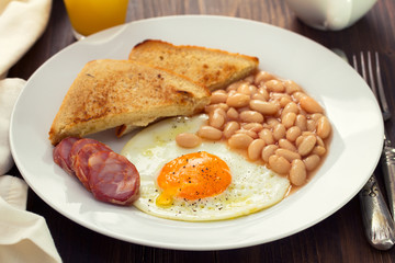 fried egg with chorizo, toast and beans on white plate