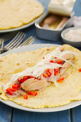 bread with tuna salad on plate on blue wooden background