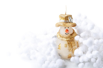 Candle Snowman and snow ball decorate for merry christmas and happy new year on white background with place for text