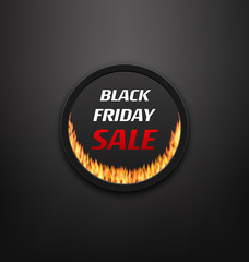 Fototapeta na wymiar Round Frame or Web Button with Fire Flame for Black Friday Sale