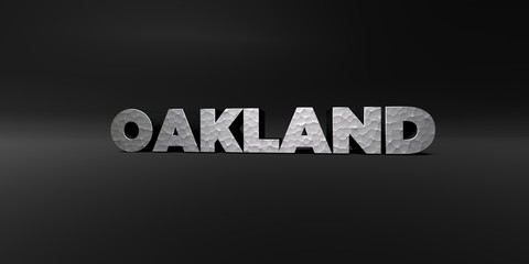 OAKLAND - hammered metal finish text on black studio - 3D rendered royalty free stock photo. This image can be used for an online website banner ad or a print postcard.