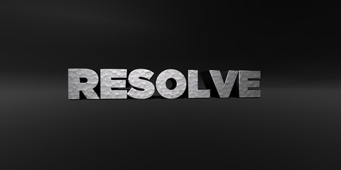 RESOLVE - hammered metal finish text on black studio - 3D rendered royalty free stock photo. This image can be used for an online website banner ad or a print postcard.