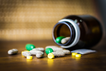 Drug prescription for treatment medication. Pharmaceutical medicament, cure in container for health. Pharmacy theme, capsule pills with medicine antibiotic in packages.